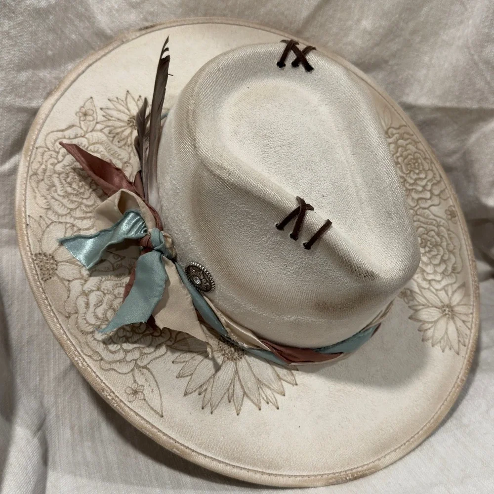 Divine Babe Co Still The One Wide Brim Fedora Hat Cream Floral Burned Feather M